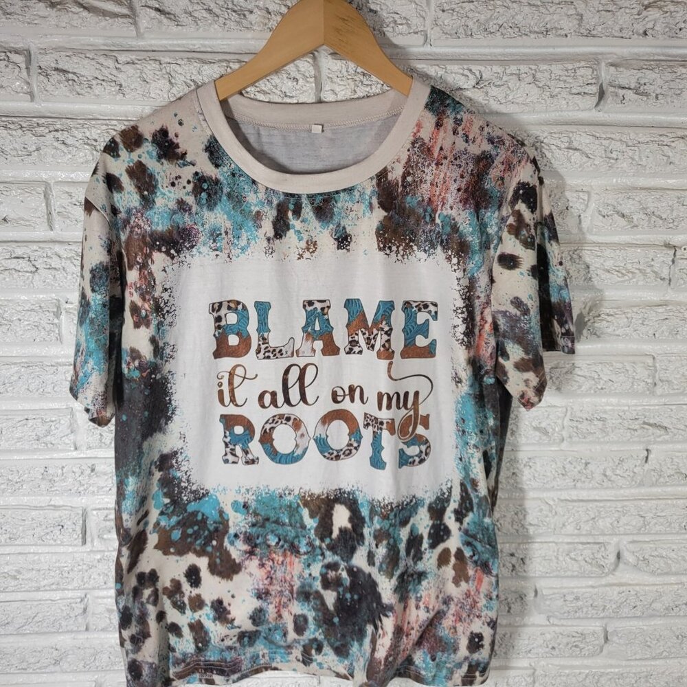 Womens Top XL Tee Cowgirl Blame It All on My Roots Poly Blend Blue Brown NOV239E - Picture 3 of 8